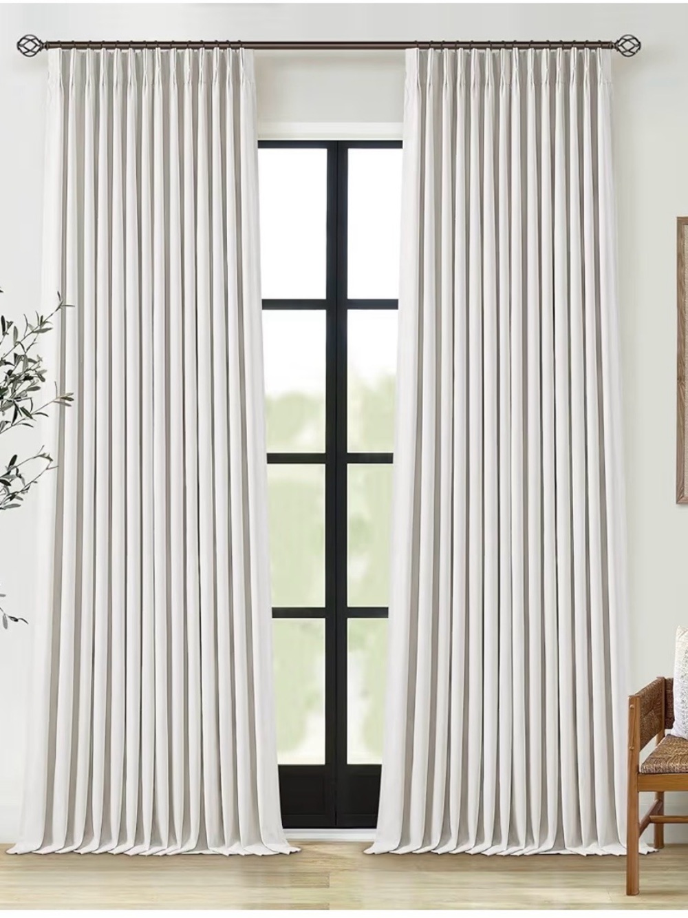 TWODRAPES 90” Linen Blackout Pinch Pleated Curtains Beige White 2 Panels w/Hooks